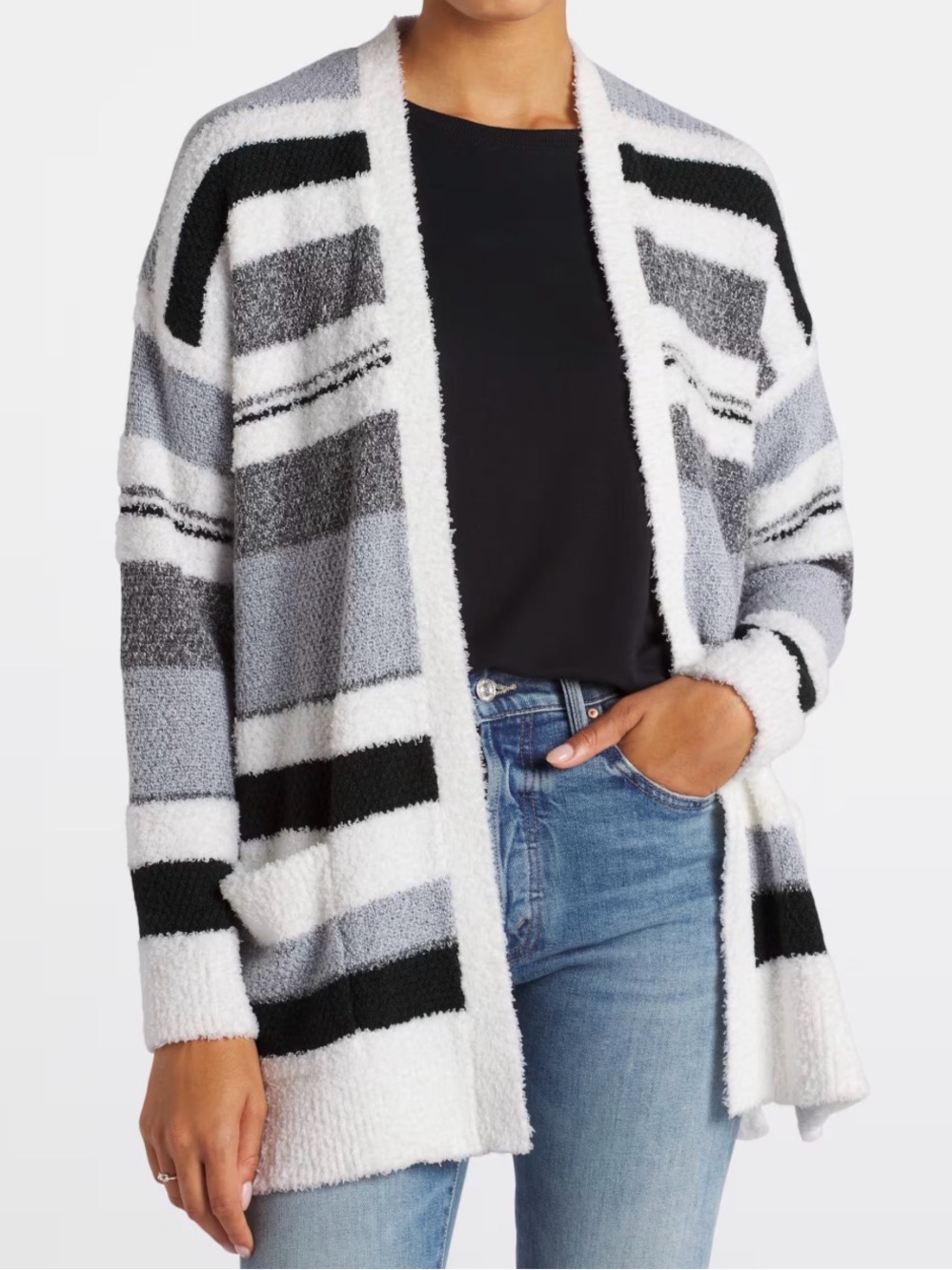 Pink Clover Fuzzy Eyelash Knit Striped Open Cardigan Green Gray White S
